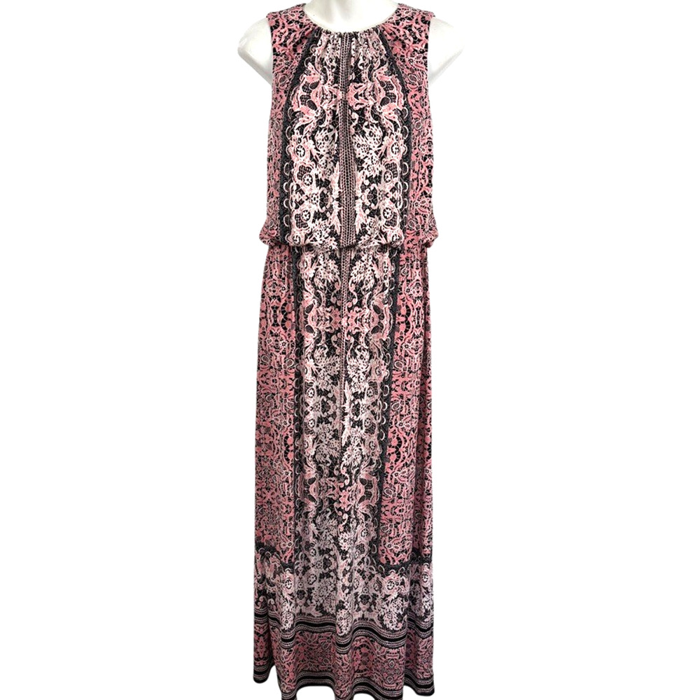 London Style Collection Blouson Pink Jersey Knit Lace Print Dress Maxi sz 6